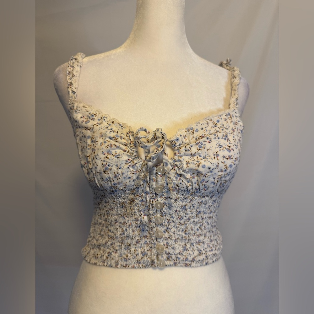 Forever 21 SM WHITE CROP W SKINNY STRAP, BLUE FLORAL, PRINT, TIE DETAIL IN FRONT